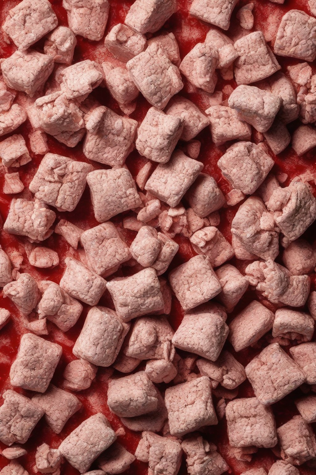 A high-resolution photo of spicy Puppy Chow dusted red, steam hinting warmth, under soft lighting.