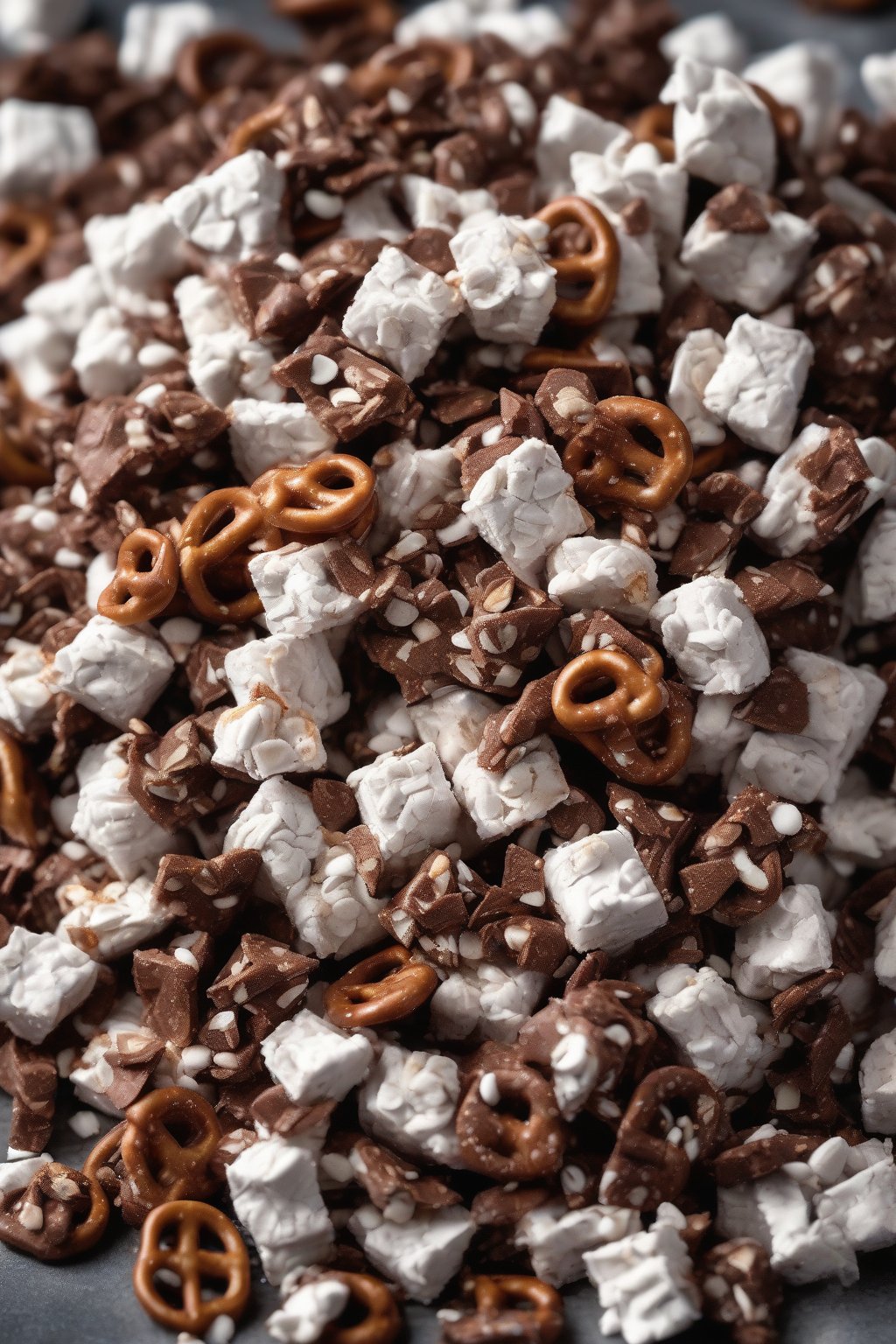 A high-resolution photo of pretzel Puppy Chow with twisted salty bits in chocolate, under soft lighting.