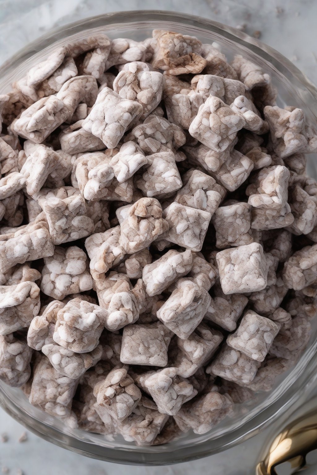 A high-resolution photo of boozy Puppy Chow in a glass dish, creamy liqueur gloss, under soft lighting.