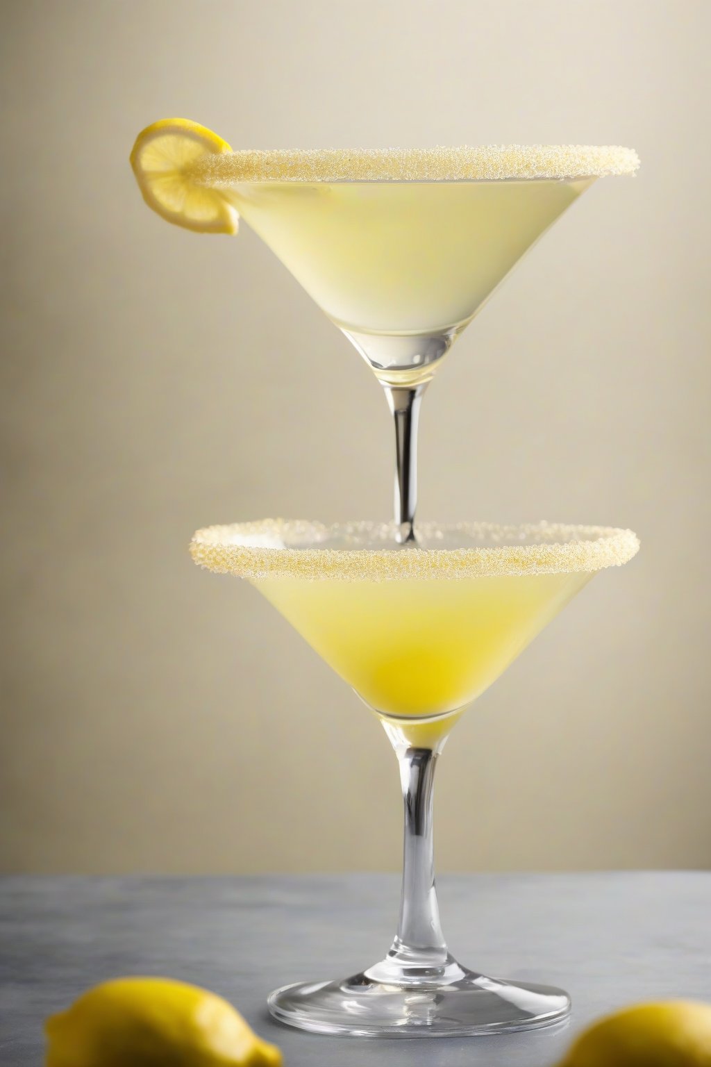A high-resolution photo of a classic lemon drop martini in a sugar-rimmed coupe glass with a lemon twist garnish, under soft lighting.