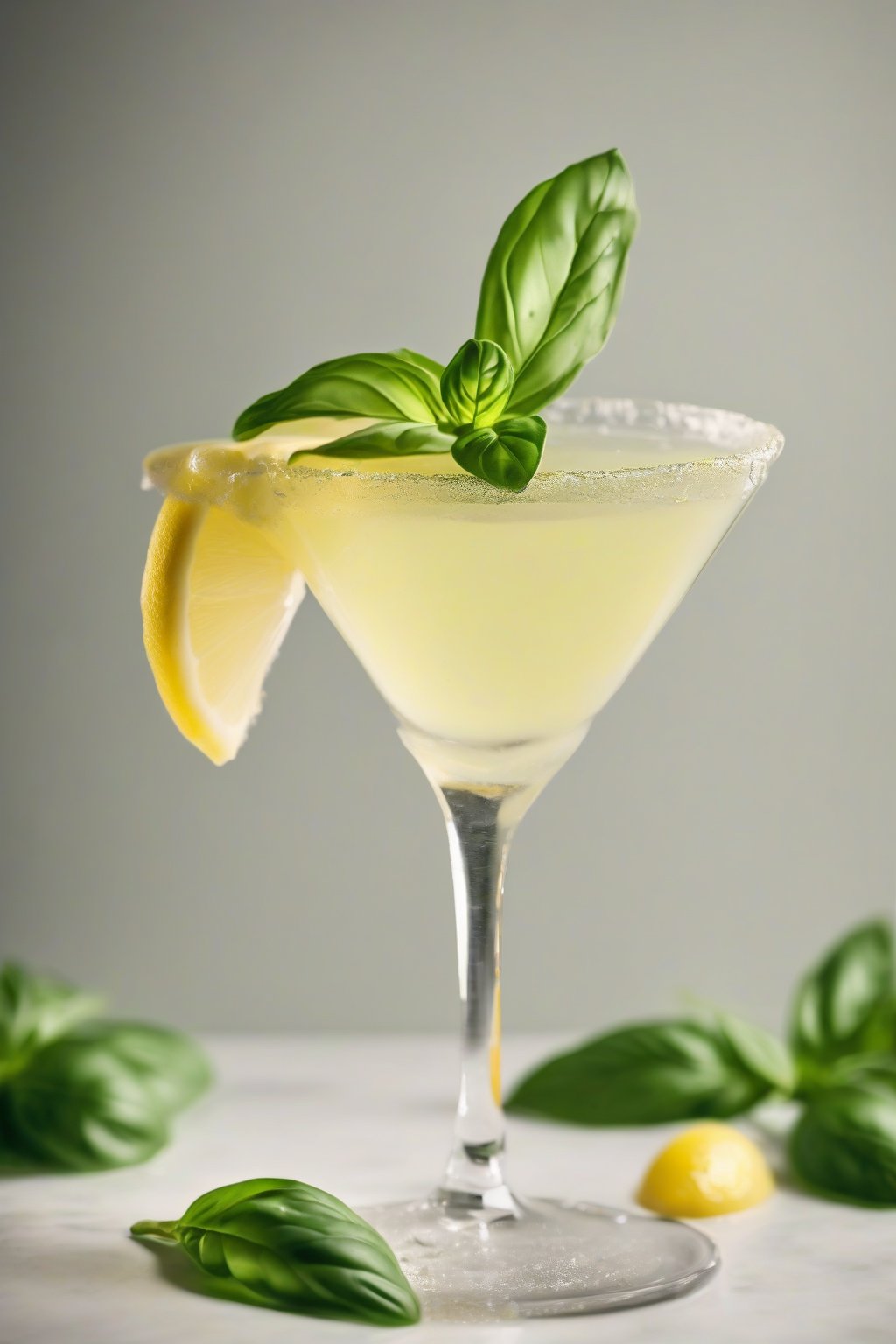 A high-resolution photo of a basil-infused lemon drop martini garnished with basil leaf and lemon wheel, under soft lighting.
