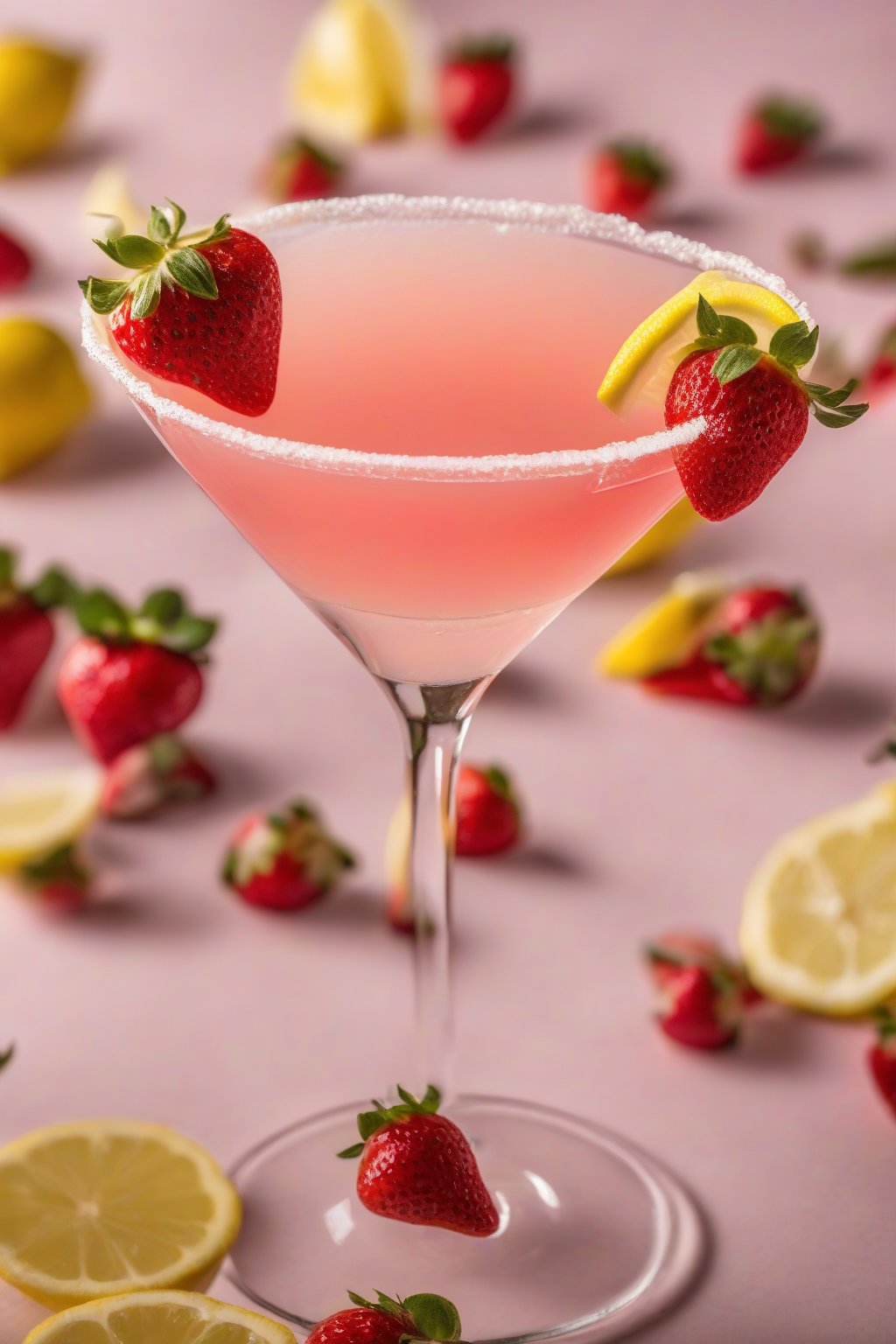 A high-resolution photo of a vibrant strawberry lemon drop martini topped with a strawberry slice, under soft lighting.