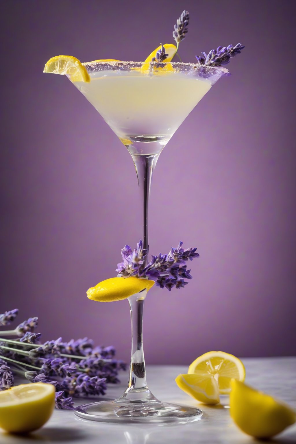 A high-resolution photo of a lavender lemon drop martini with floating edible flowers, under soft lighting.