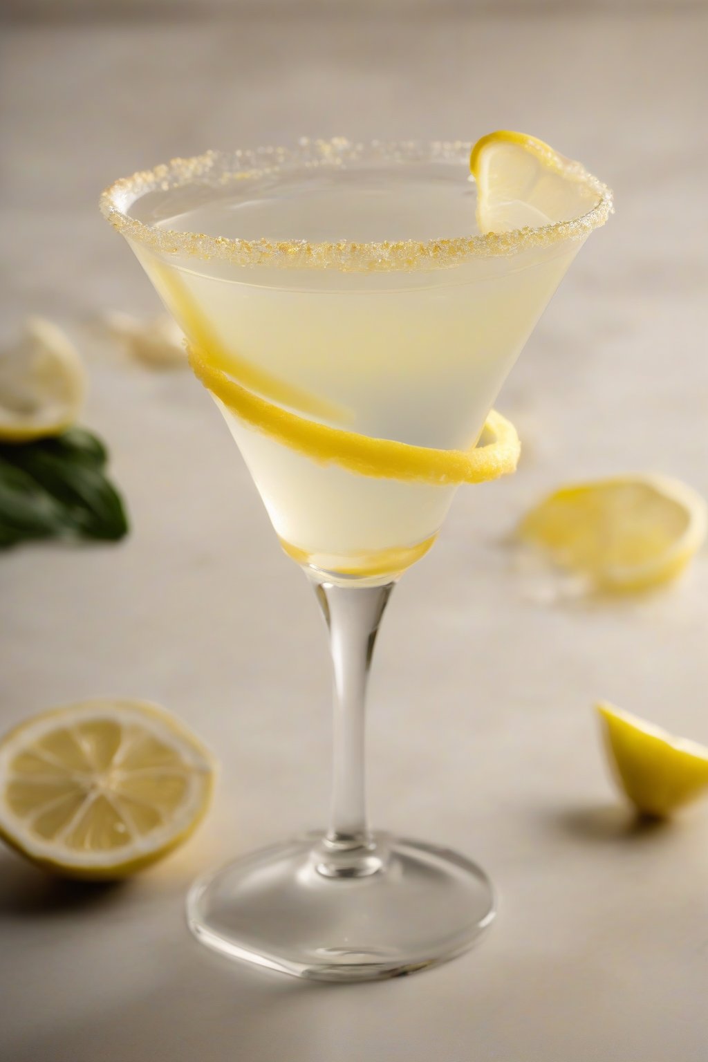 A high-resolution photo of a ginger lemon drop martini with candied ginger garnish, under soft lighting.
