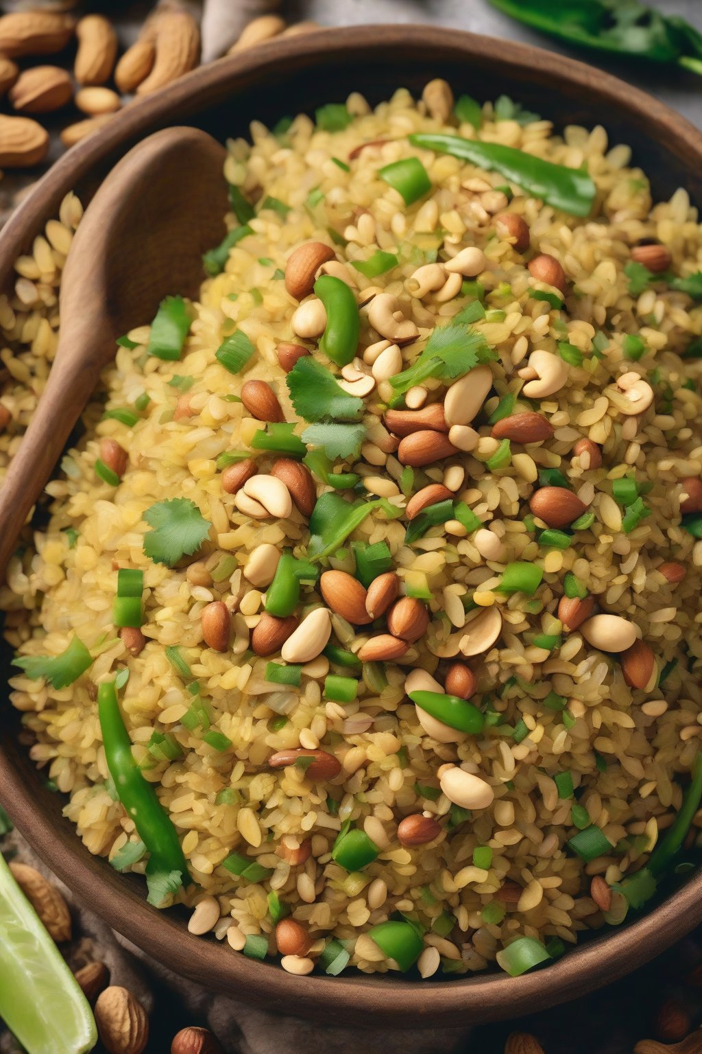 A high-resolution photo of Peanut Crunch Poha scattered with roasted peanuts and fresh green chilies, fluffy grains shining, under soft lighting.
