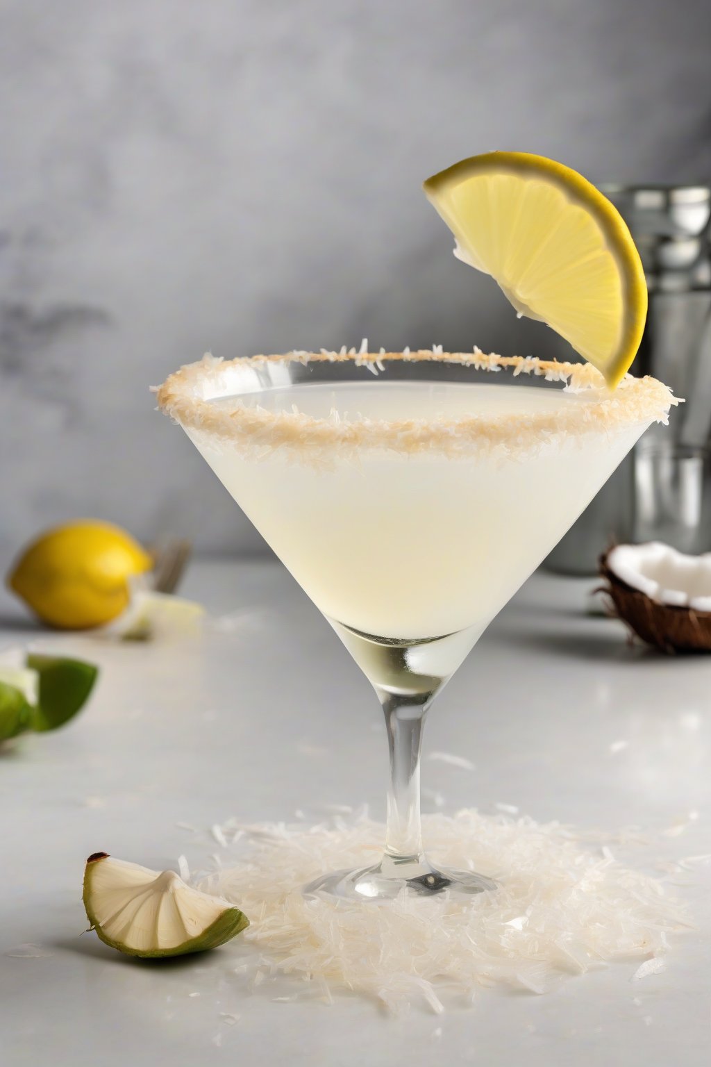 A high-resolution photo of a coconut lemon drop martini rimmed with coconut flakes, under soft lighting.