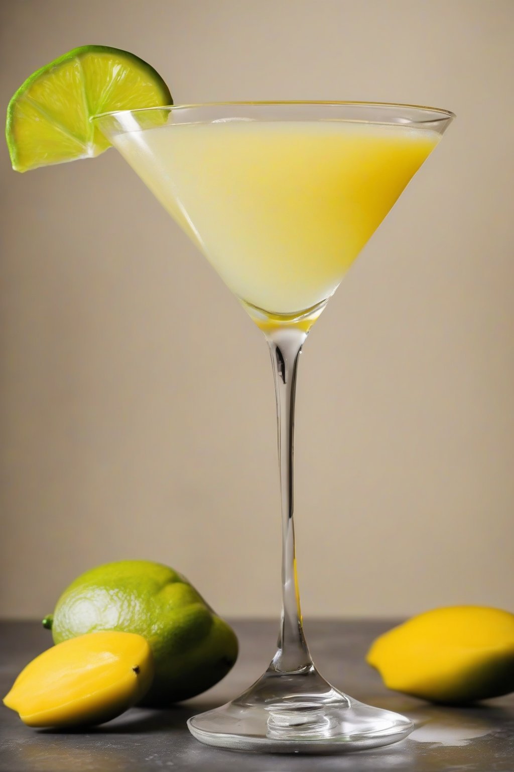 A high-resolution photo of a mango lemon drop martini garnished with lime wheel, under soft lighting.
