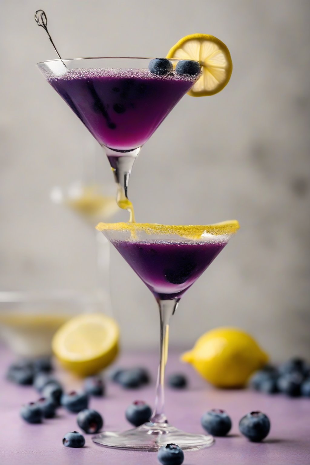 A high-resolution photo of a blueberry lemon drop martini with blueberry garnish, under soft lighting.