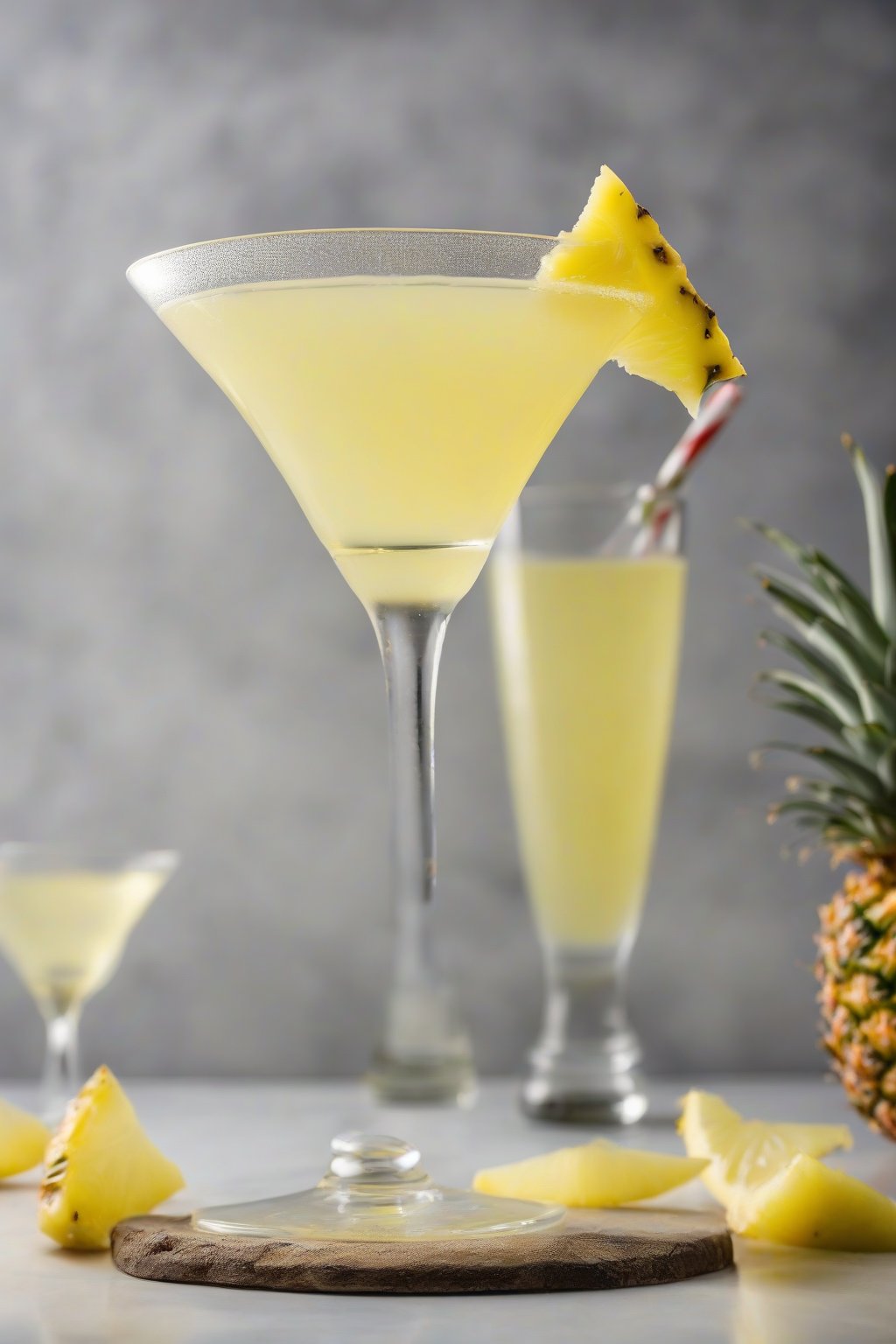 A high-resolution photo of a pineapple lemon drop martini with pineapple wedge, under soft lighting.