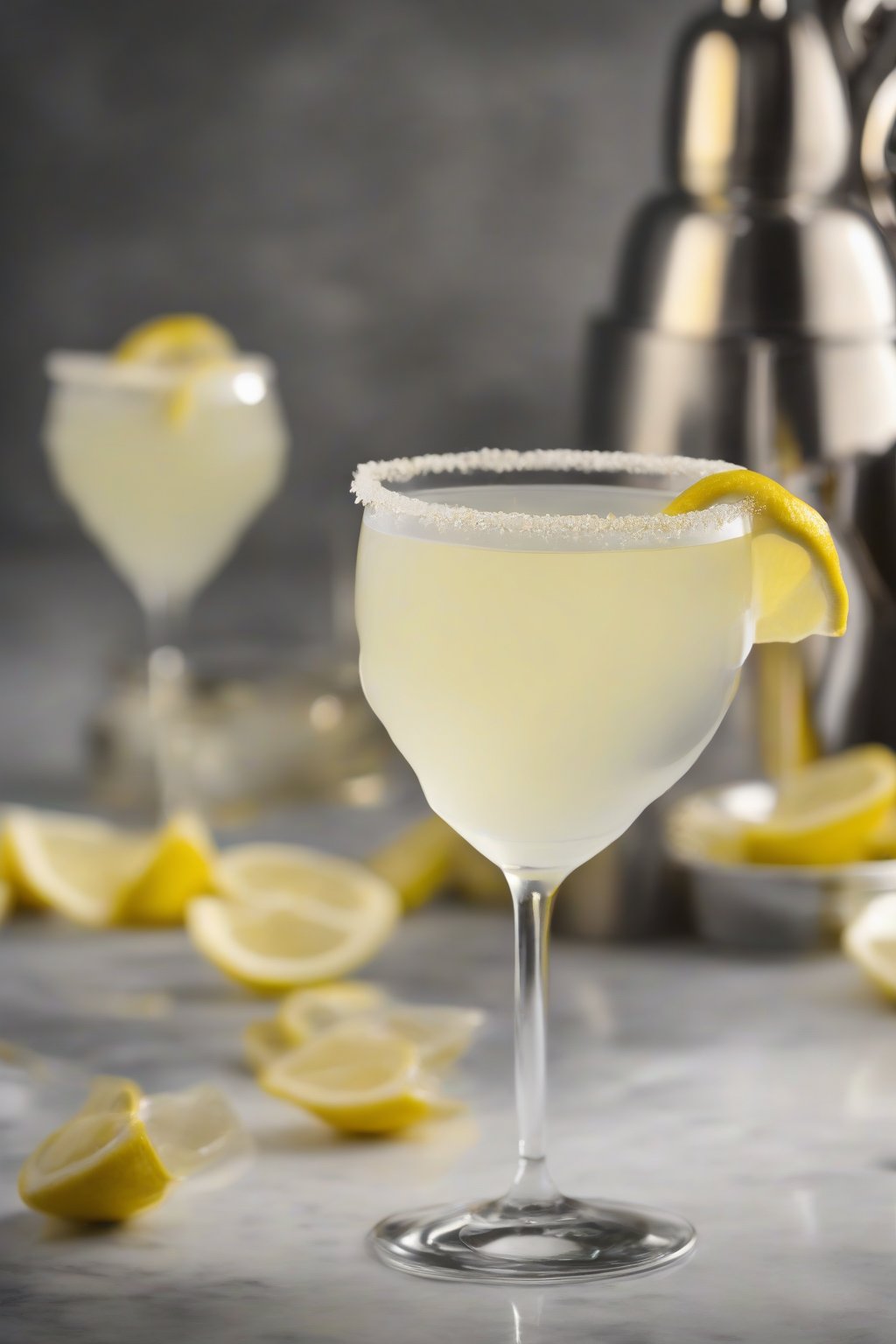 A high-resolution photo of a vanilla lemon drop martini with vanilla bean garnish, under soft lighting.