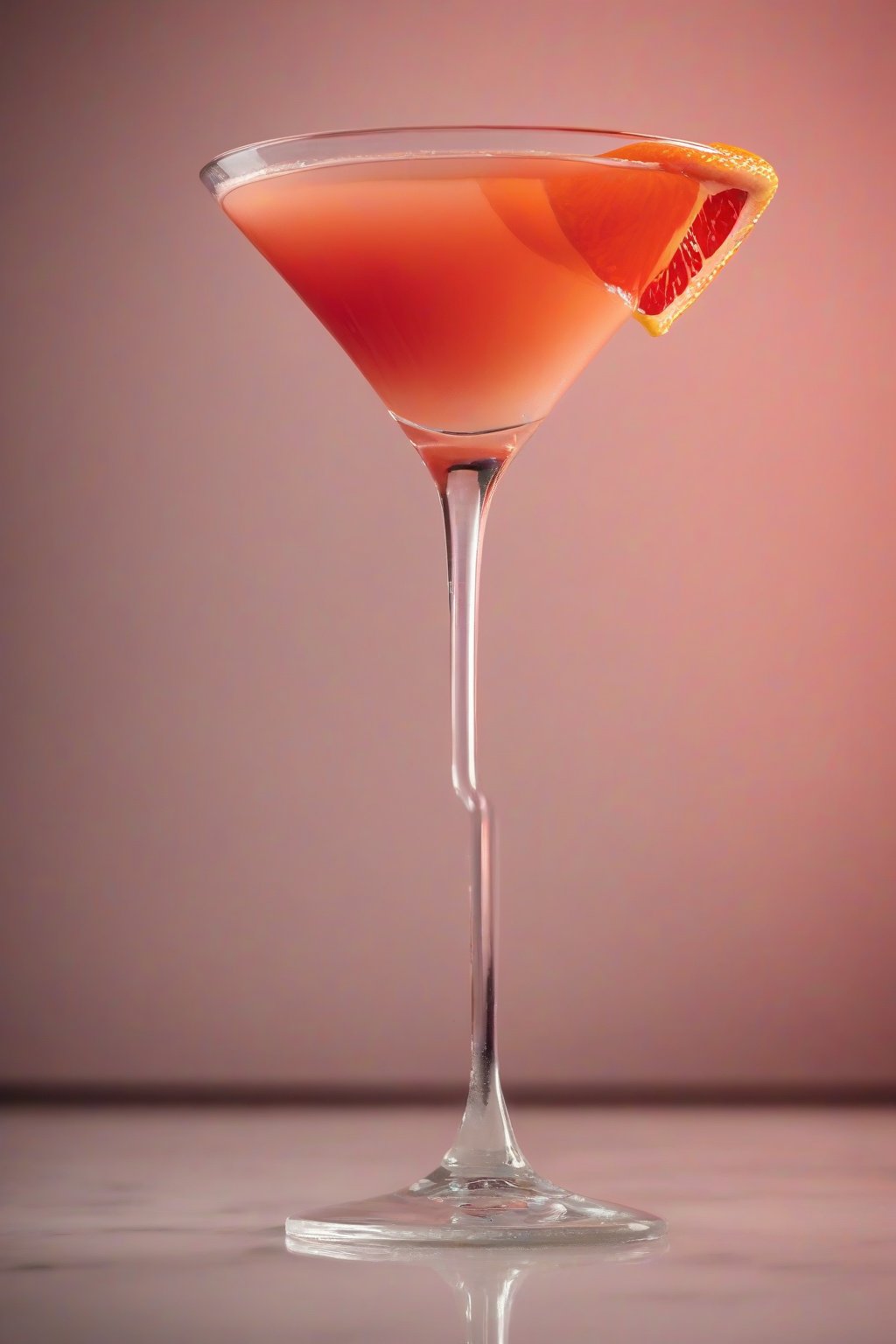 A high-resolution photo of a blood orange lemon drop martini with blood orange slice, under soft lighting.