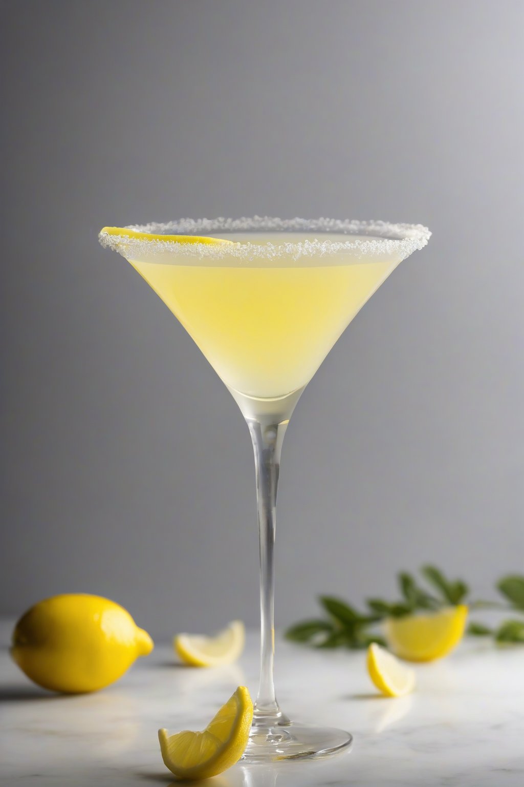 A high-resolution photo of an elderflower lemon drop martini with lemon peel twist, under soft lighting.