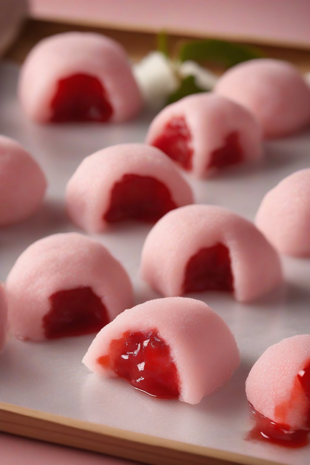 A high-resolution photo of freshly made strawberry daifuku mochi, showing the glossy chewy skin cracked open to reveal juicy strawberry and red bean paste inside, under soft lighting.
