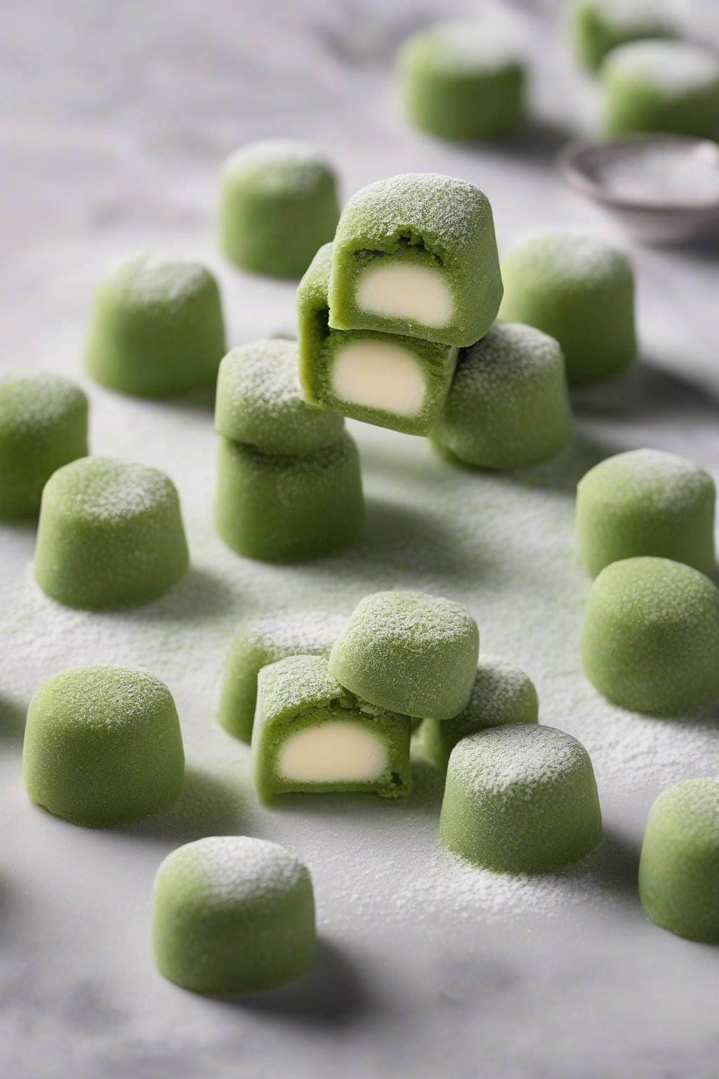 A high-resolution photo of vibrant green matcha mochi bites dusted with powder, one halved to show molten white chocolate center, under soft lighting.