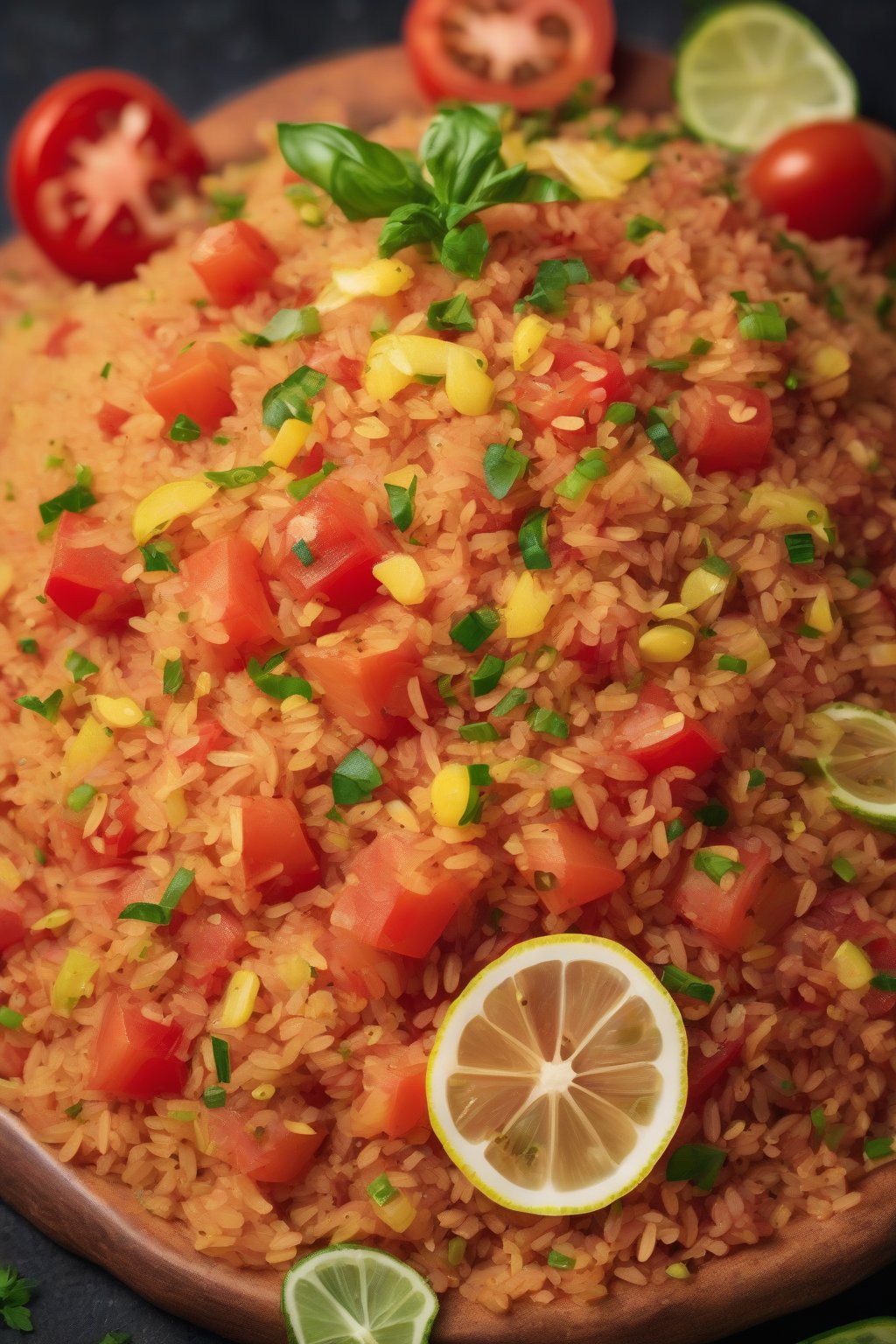 A high-resolution photo of Tangy Tomato Poha with bright red tomato chunks and glossy finish, lemon slice on side, under soft lighting.