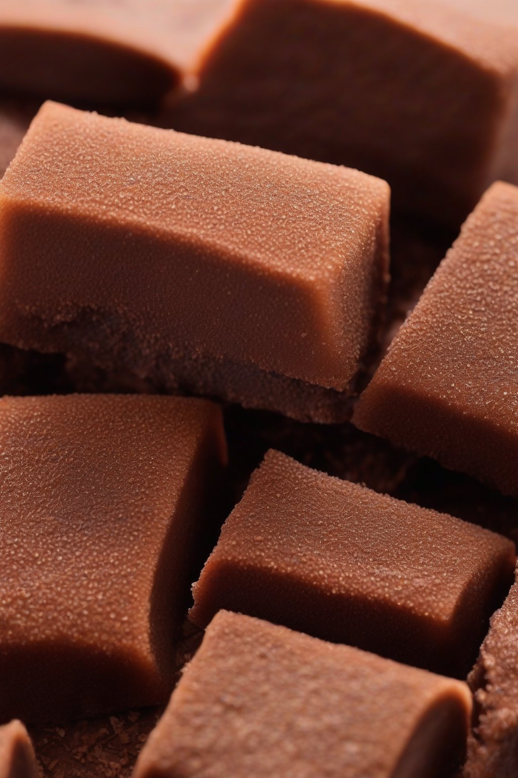 A high-resolution photo of cocoa-dusted chocolate mochi, sliced to expose smooth ganache oozing out, under soft lighting.