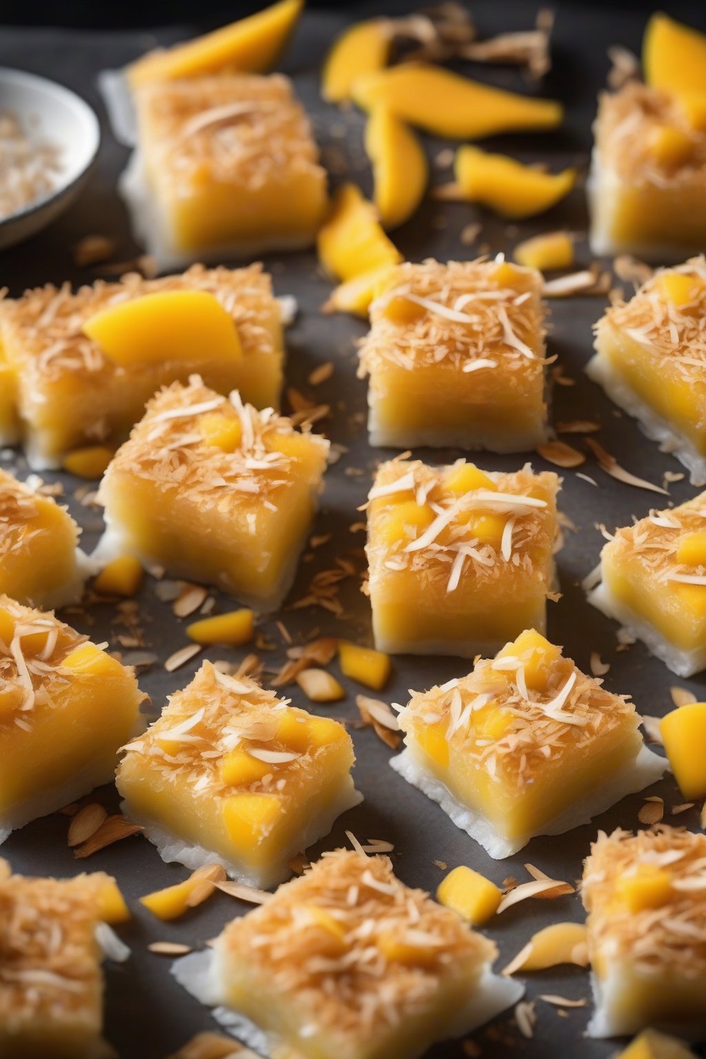 A high-resolution photo of golden mango-filled mochi squares topped with toasted coconut, fresh mango slices nearby, under soft lighting.