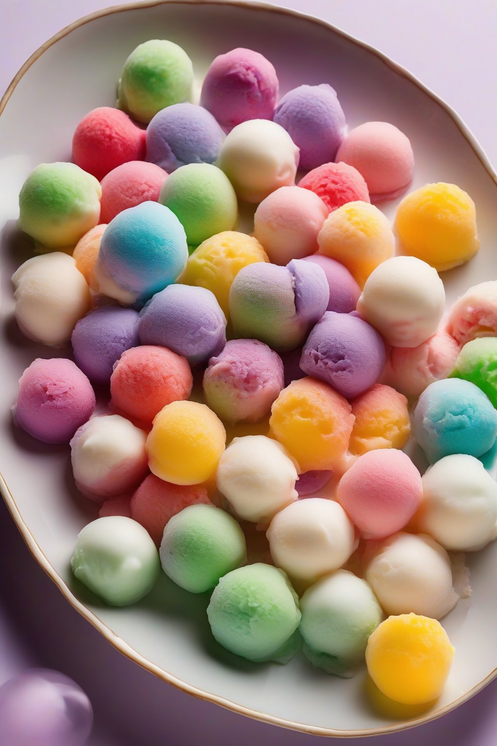 A high-resolution photo of colorful ice cream mochi balls melting slightly on a plate, with bites revealing soft ice cream core, under soft lighting.
