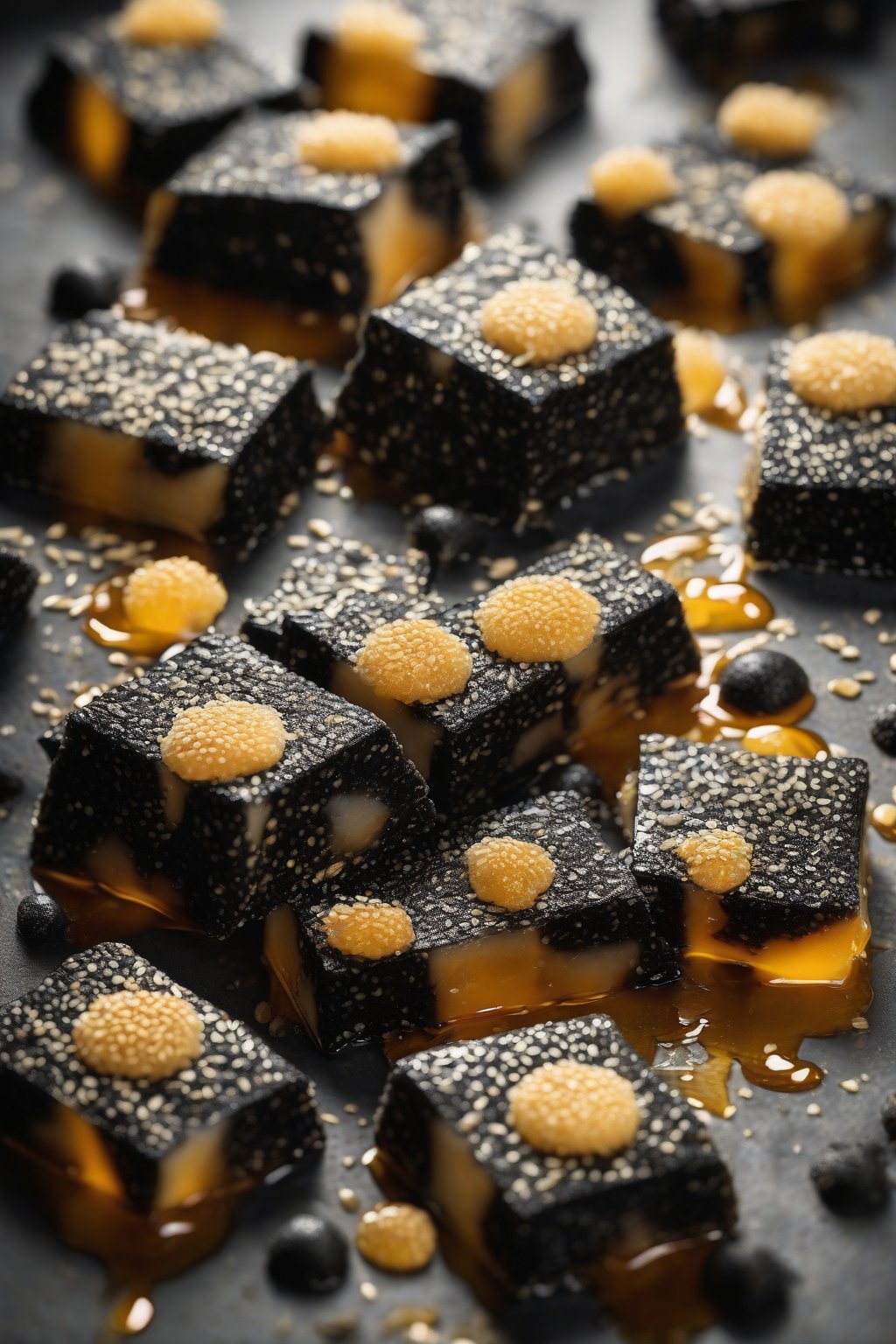 A high-resolution photo of glossy black sesame mochi slices drizzled with golden honey, sesame seeds scattered around, under soft lighting.
