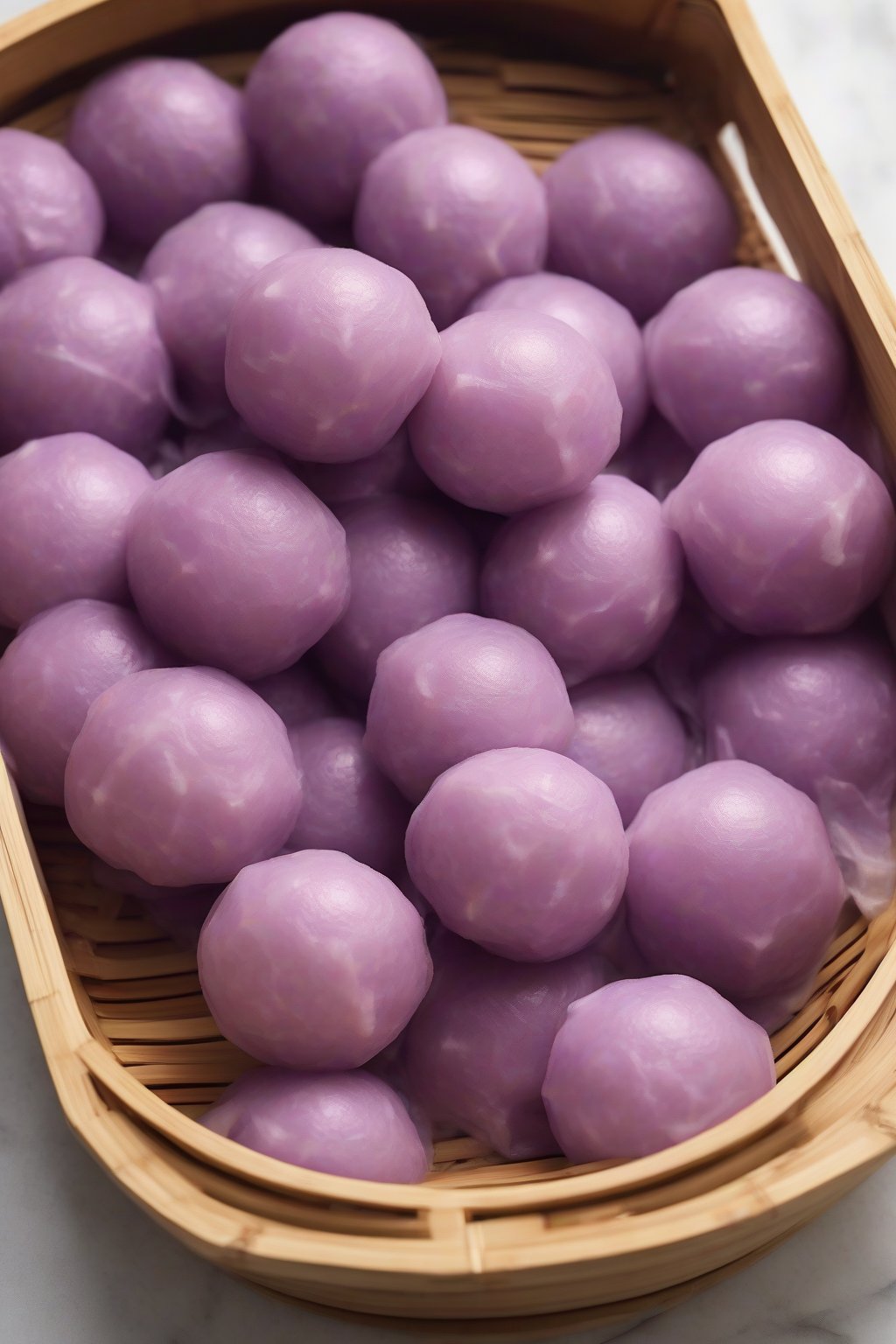 A high-resolution photo of vibrant purple taro mochi balls in a bamboo steamer, one cut to show creamy interior, under soft lighting.
