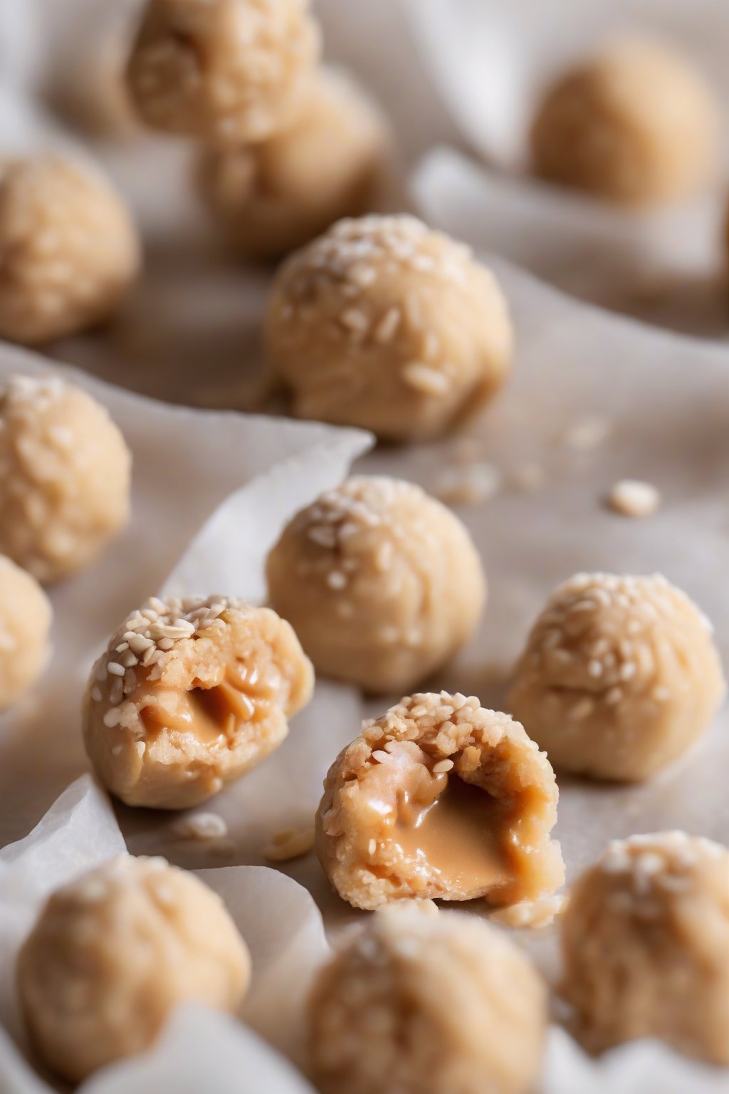 A high-resolution photo of peanut butter mochi balls rolled in crushed peanuts, halved to show gooey filling, under soft lighting.