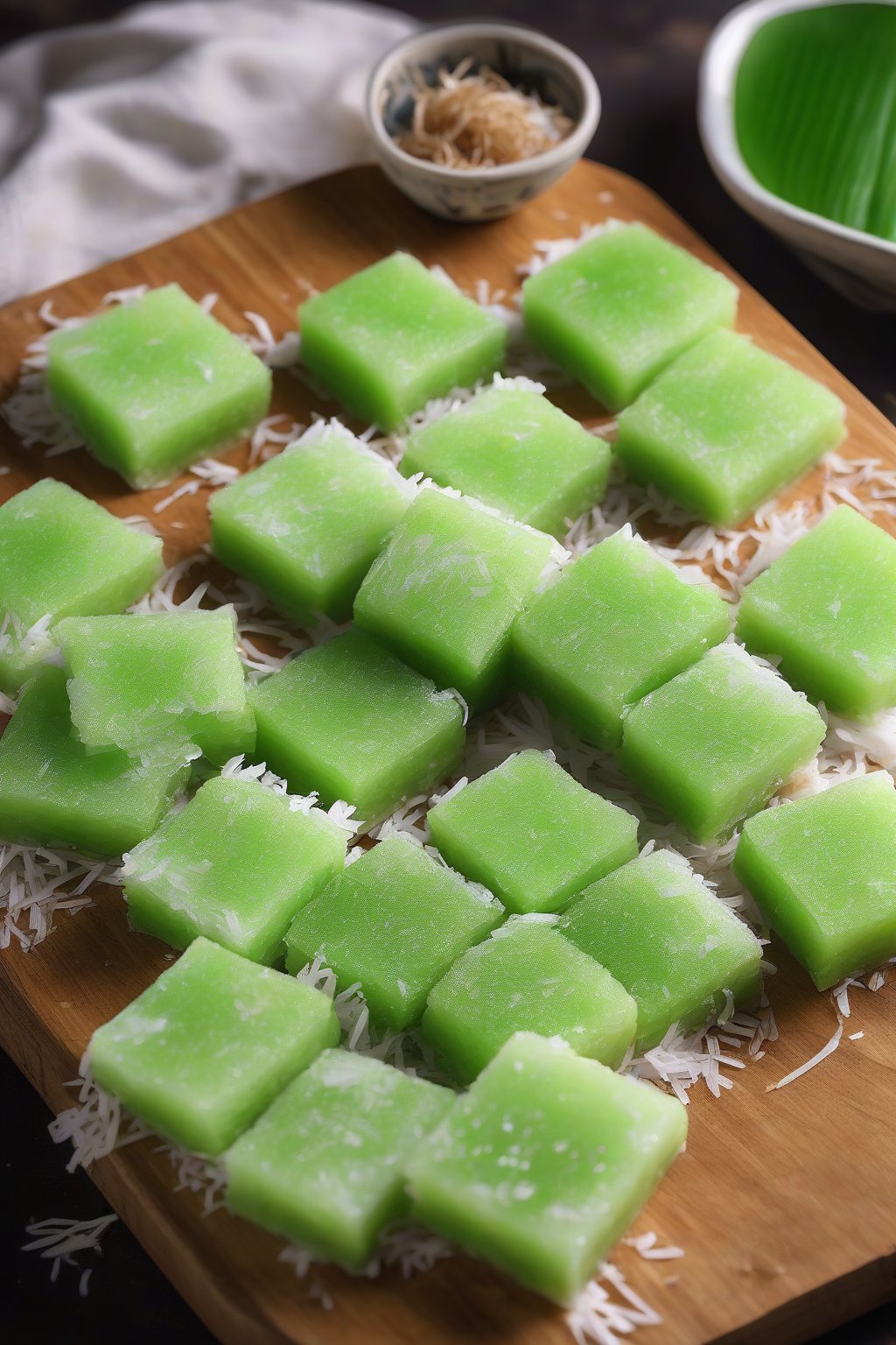 A high-resolution photo of green pandan mochi squares topped with shredded coconut on a wooden board, under soft lighting.