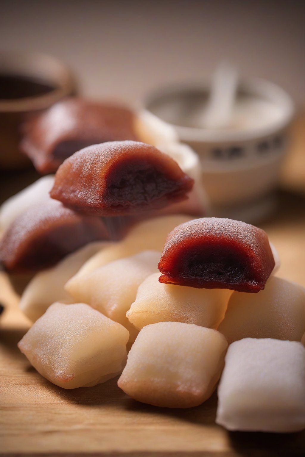 A high-resolution photo of translucent warabi mochi filled with red bean paste, dusted with kinako, under soft lighting.