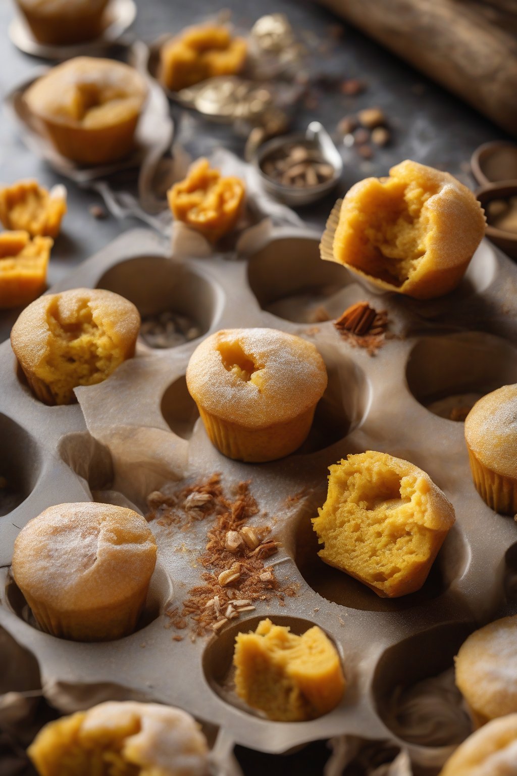 A high-resolution photo of golden pumpkin mochi muffins cracked open with steam rising, spices visible, under soft lighting.