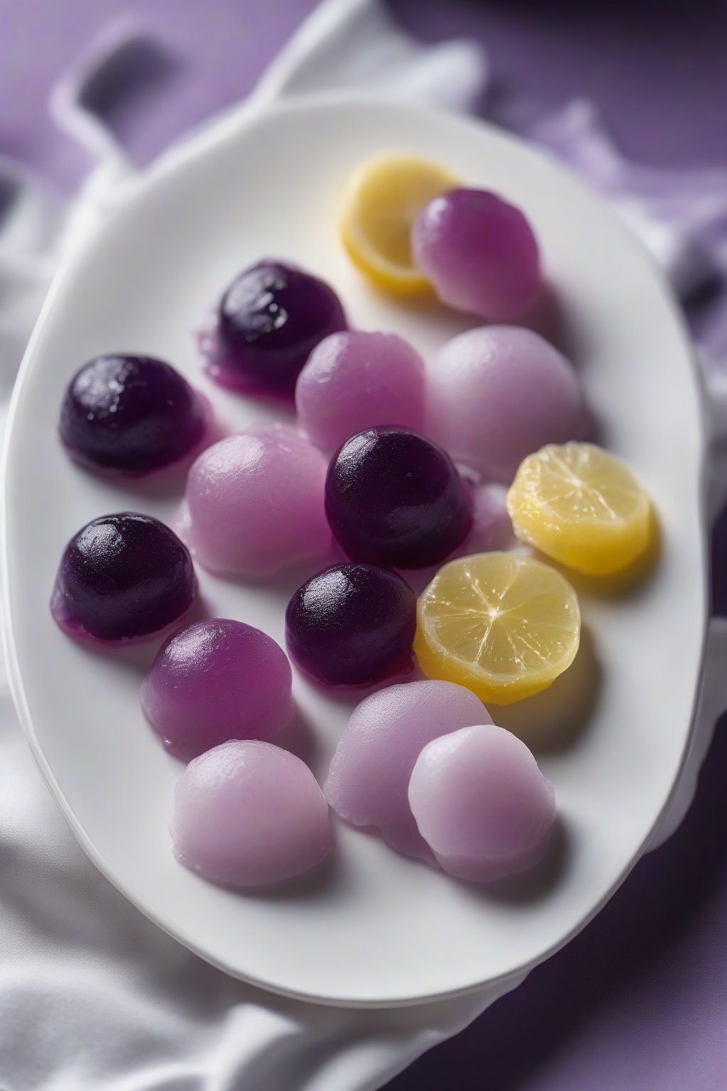 A high-resolution photo of purple blueberry lemon mochi drops on a white plate, one oozing jam, under soft lighting.