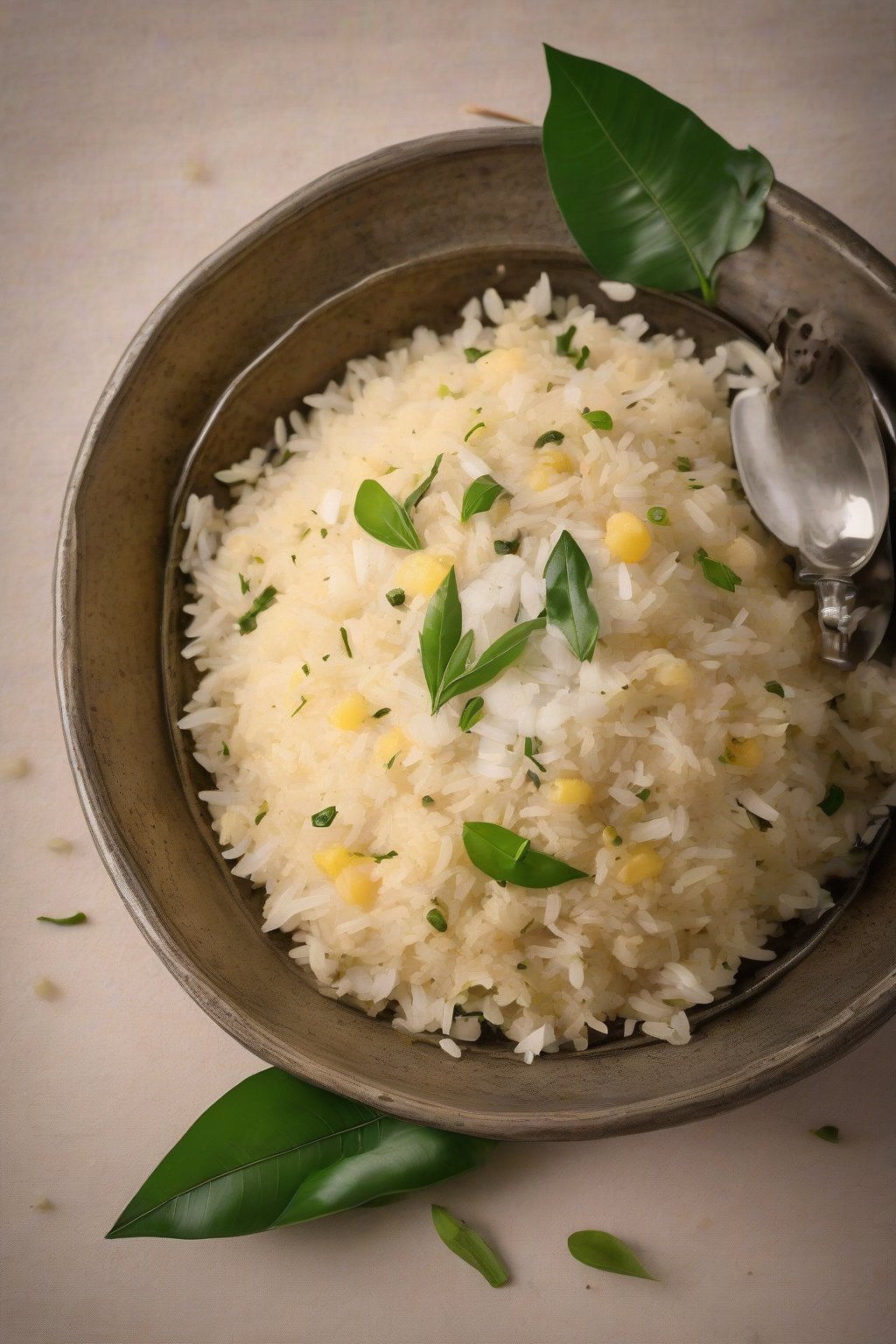 A high-resolution photo of Coconutty Poha Delight with fresh grated coconut and curry leaves, aromatic steam visible, under soft lighting.