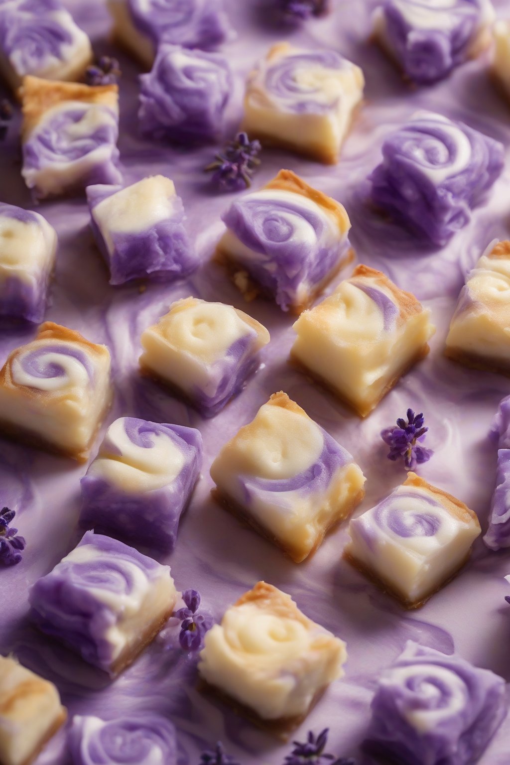 A high-resolution photo of lavender ube mochi bites swirled with cheesecake, arranged artfully, under soft lighting.