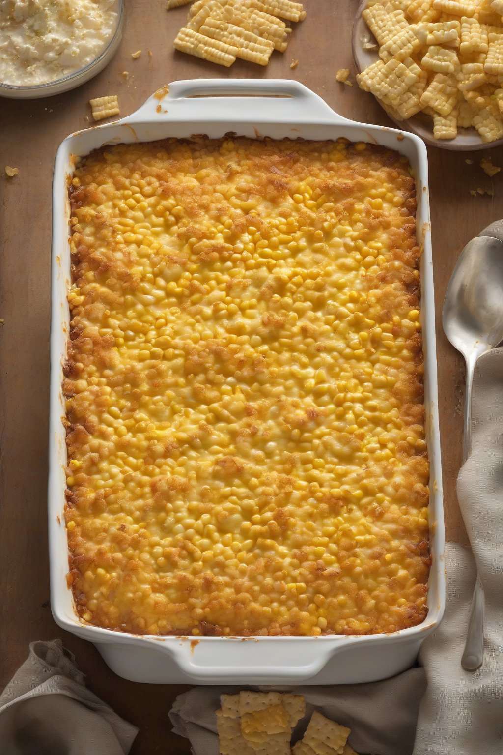 BA high-resolution photo of a golden-baked classic cheesy corn casserole with cracker topping, steam rising, under soft lighting.