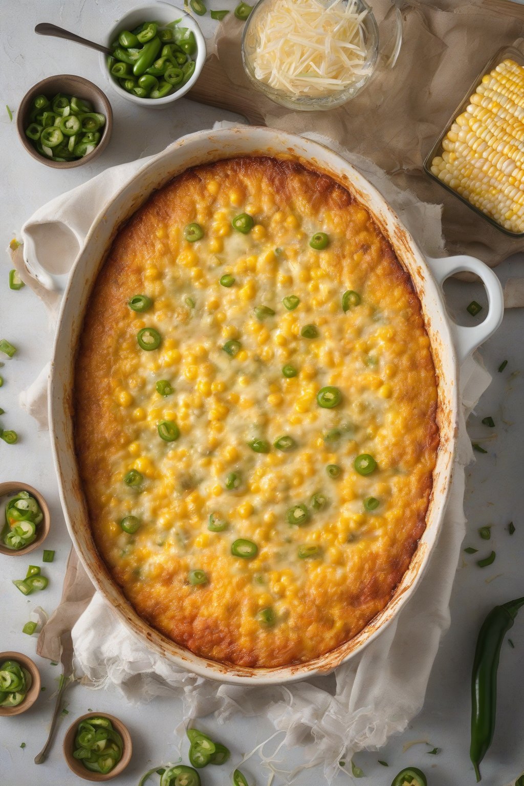 A high-resolution photo of spicy jalapeño cheesy corn casserole bubbling with green flecks and melted cheese, under soft lighting.