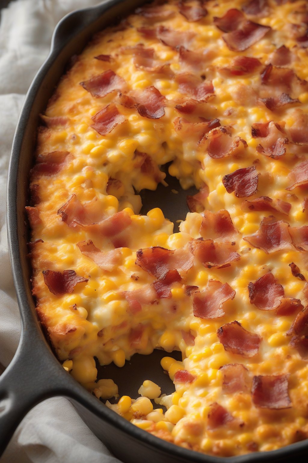 A high-resolution photo of cheesy corn casserole studded with bacon bits and cheddar pull, crispy top, under soft lighting.