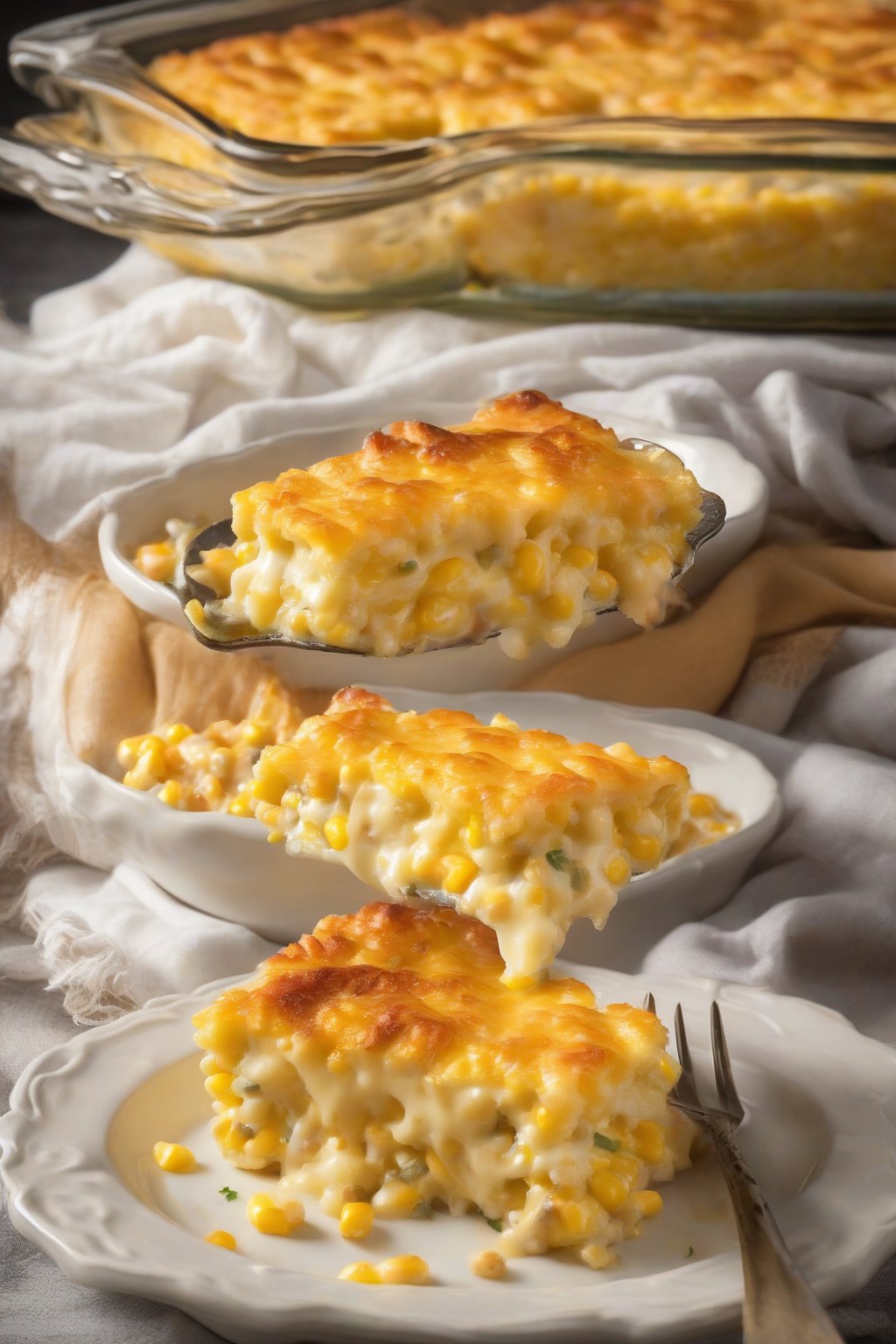 A high-resolution photo of creamy cheesy corn casserole with gooey cheese layers and buttery shine, under soft lighting.