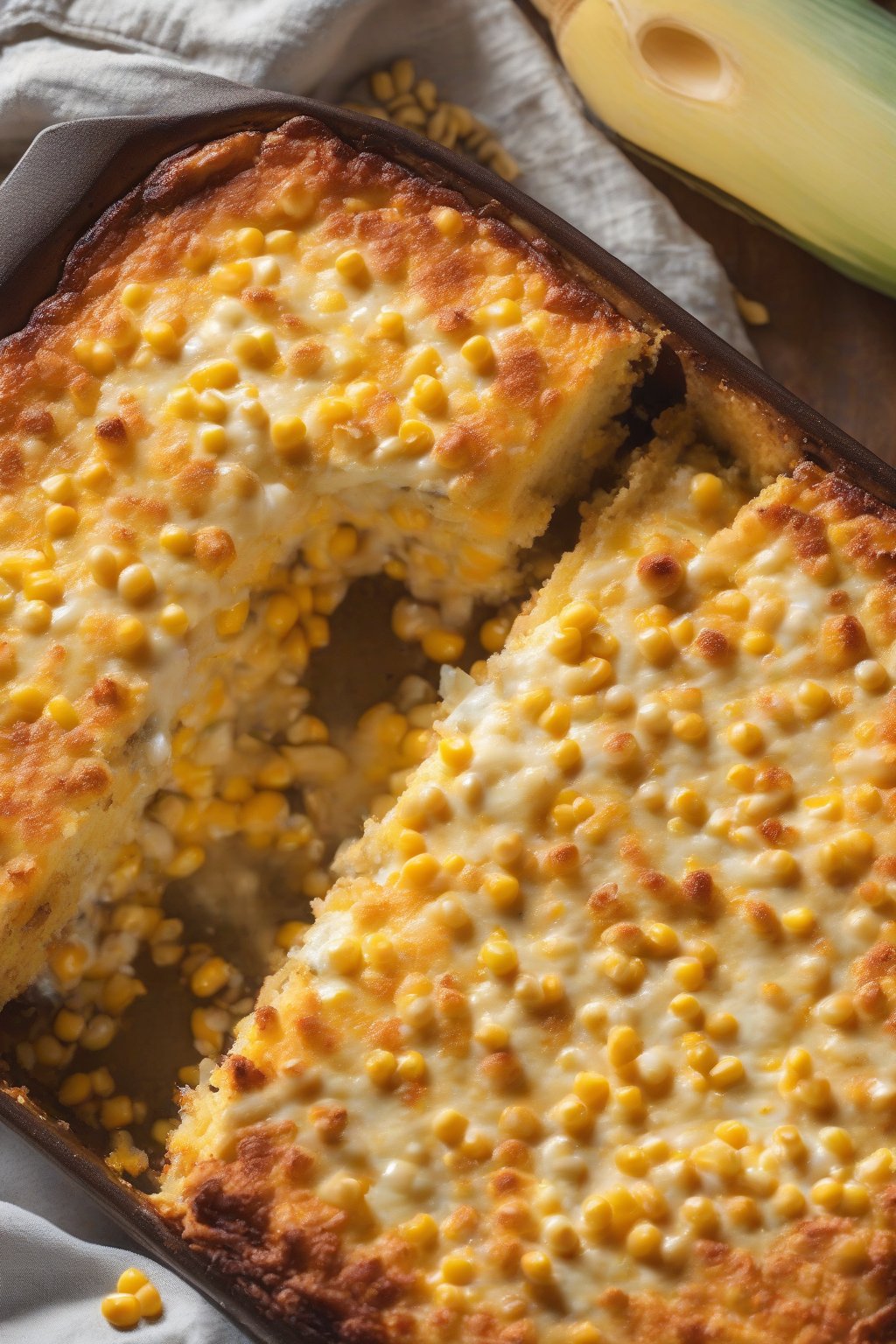 A high-resolution photo of cheesy cornbread casserole slice with corn kernels and golden crust, under soft lighting.