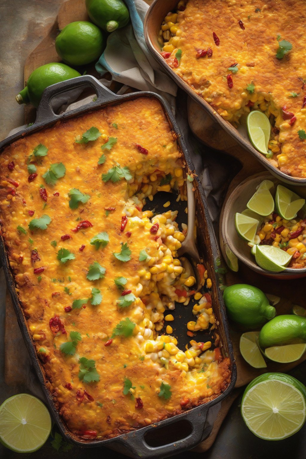 A high-resolution photo of Mexican-style cheesy corn casserole dusted with chili and lime wedges, vibrant colors under soft lighting.