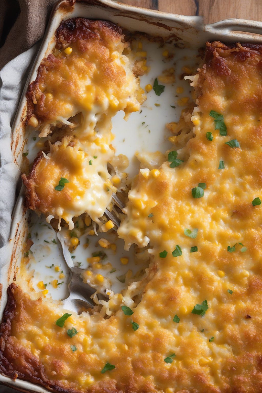 A high-resolution photo of cheesy corn and hashbrown casserole with crispy edges and melty cheese, under soft lighting.