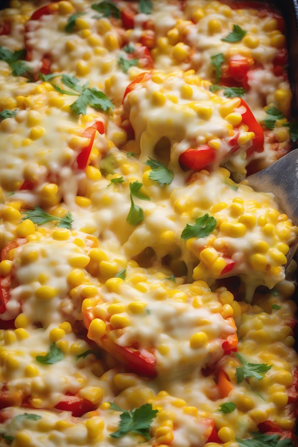 A high-resolution photo of colorful bell pepper cheesy corn casserole steaming with cheese strands, under soft lighting.