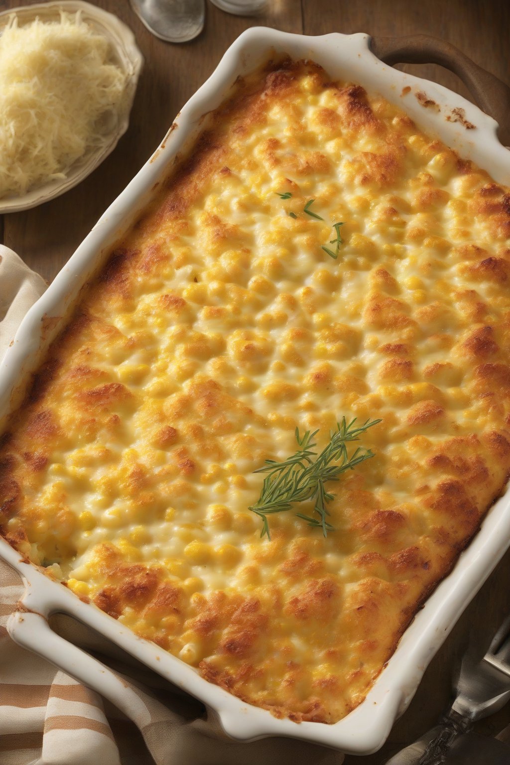 A high-resolution photo of au gratin-style cheesy corn with browned cheese crust and creamy layers, under soft lighting.
