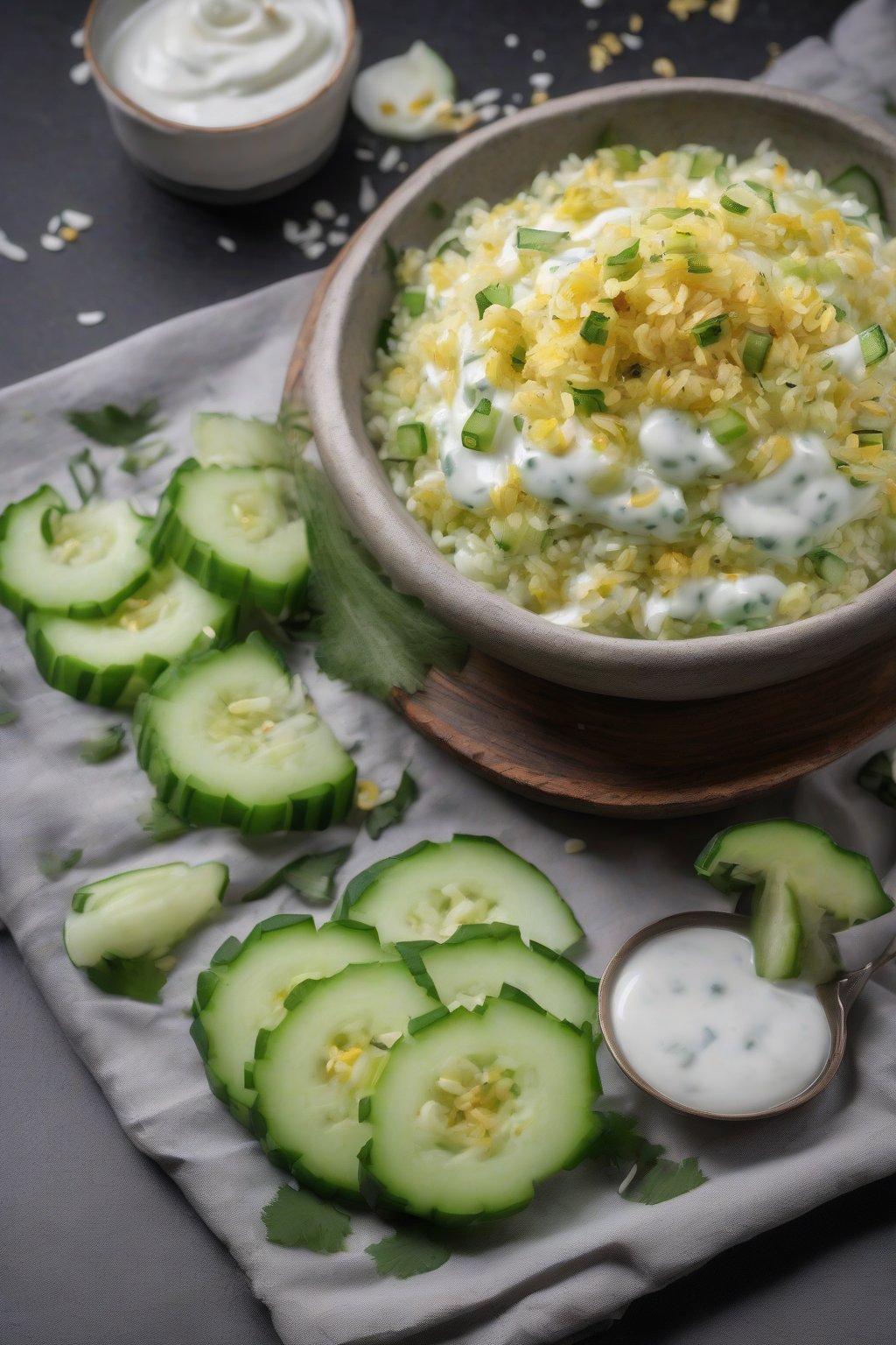 A high-resolution photo of Yogurt Infused Poha swirled with creamy curd and cucumber bits, cool and inviting, under soft lighting.