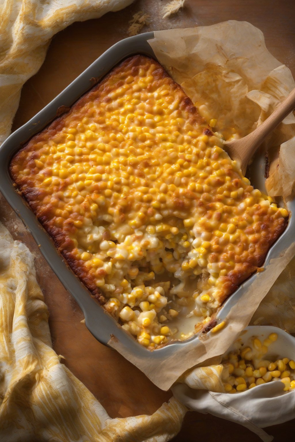 A high-resolution photo of sweet cheesy corn casserole with caramelized top and corn shine, under soft lighting.