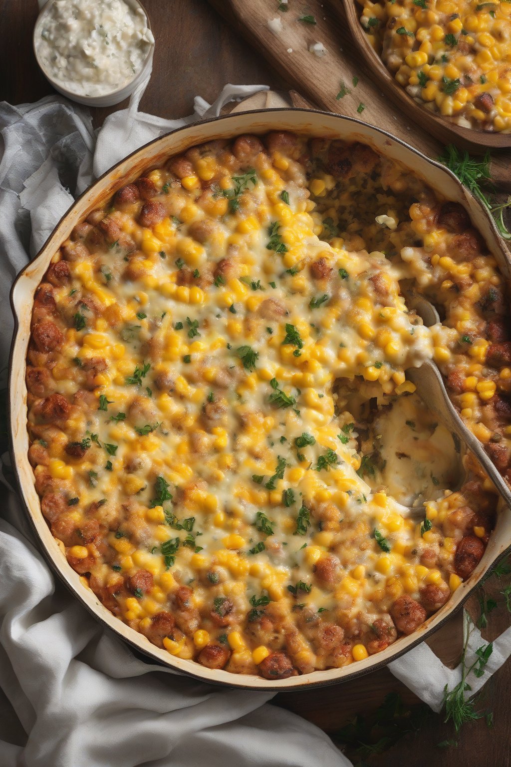 A high-resolution photo of sausage-studded cheesy corn casserole with bubbly cheese and herbs, under soft lighting.