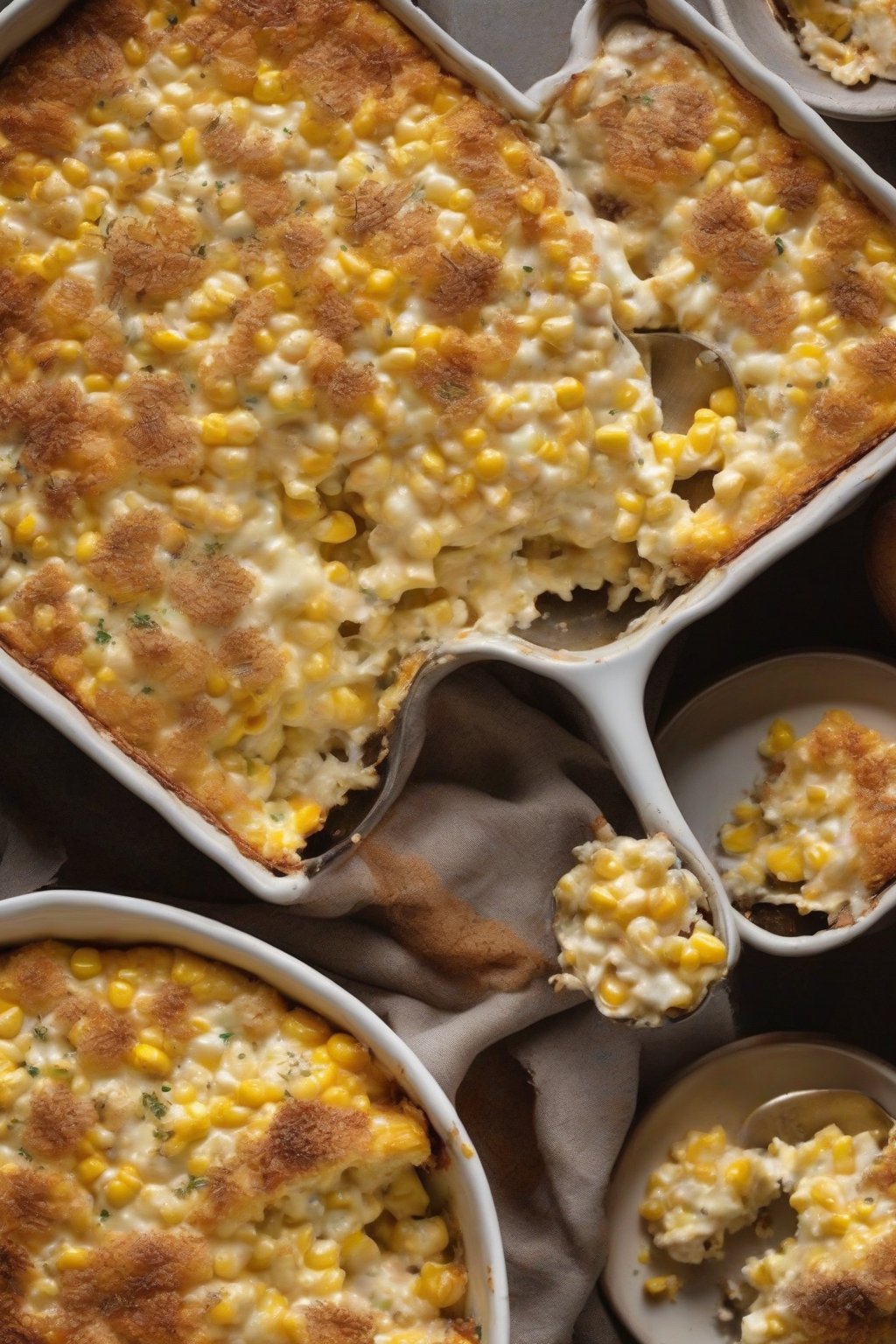 A high-resolution photo of truffle-infused cheesy corn casserole with elegant golden top, under soft lighting.