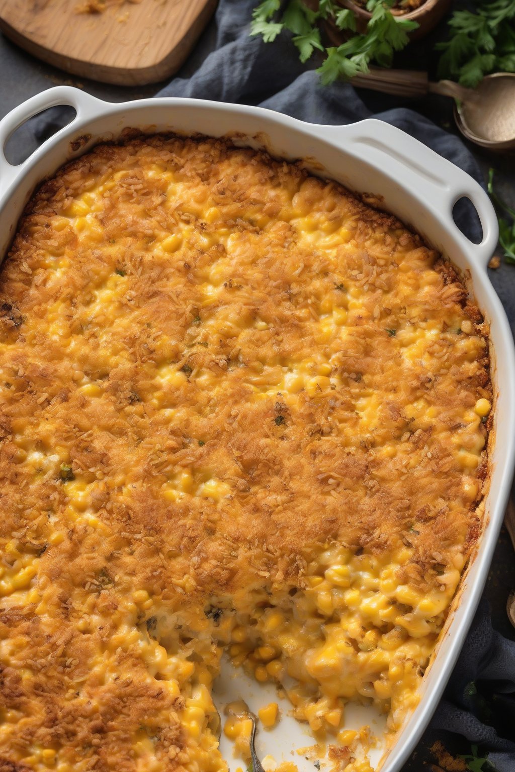 A high-resolution photo of vegan cheesy corn casserole with melted shreds and crispy crumbs, under soft lighting.