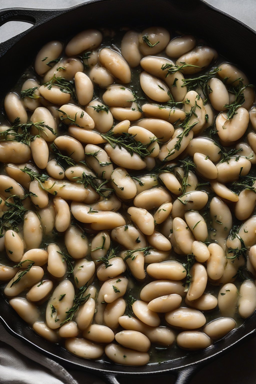 A high-resolution photo of glossy garlic butter beans in a cast-iron skillet, garnished with thyme sprigs, under soft lighting.