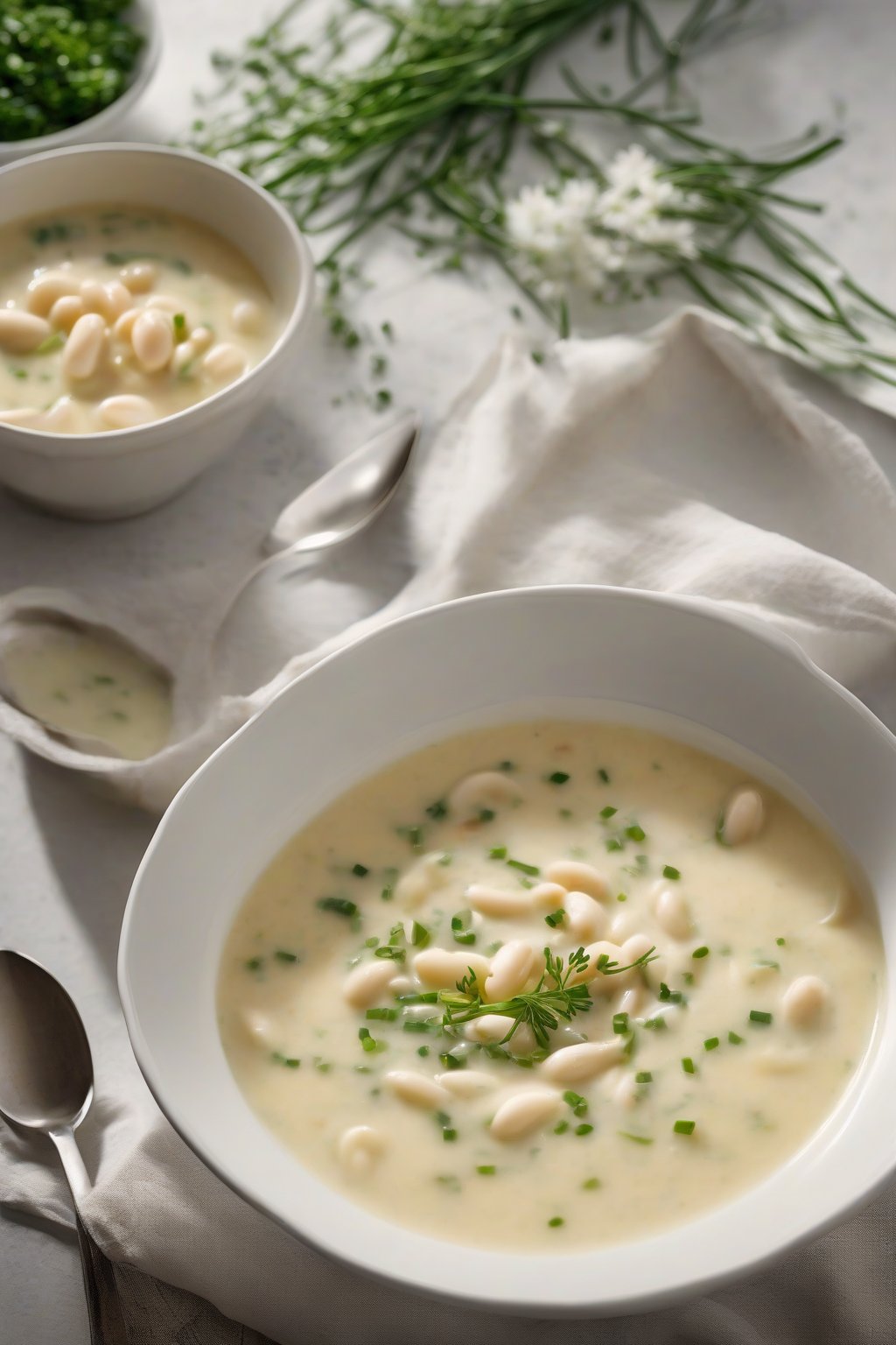 A high-resolution photo of creamy butter bean soup in a white bowl, swirled with butter and chives, under soft lighting.