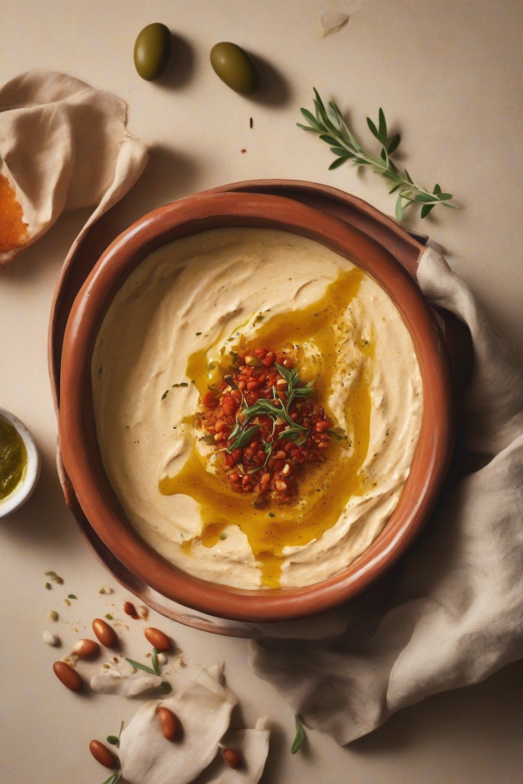 A high-resolution photo of smooth butter bean hummus in a terracotta bowl with olive oil drizzle and paprika, under soft lighting.