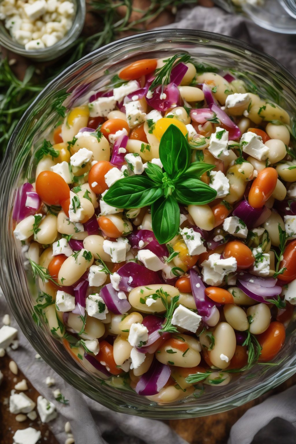 A high-resolution photo of vibrant butter bean salad in a glass bowl, with feta crumbles and herbs, under soft lighting.