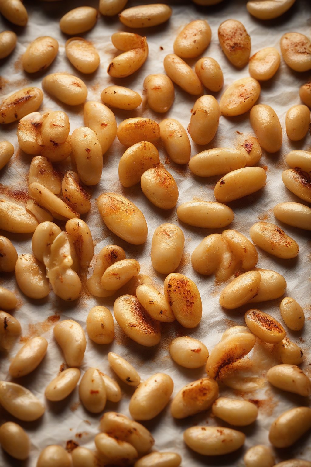 A high-resolution photo of golden crispy roasted butter beans on a parchment-lined tray, sprinkled with paprika, under soft lighting.